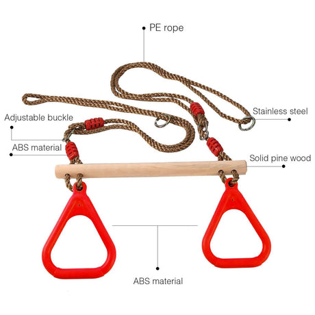 The Magic Toy Shop Wooden Trapeze Swing, Rope Ladder & Red Plate Seat