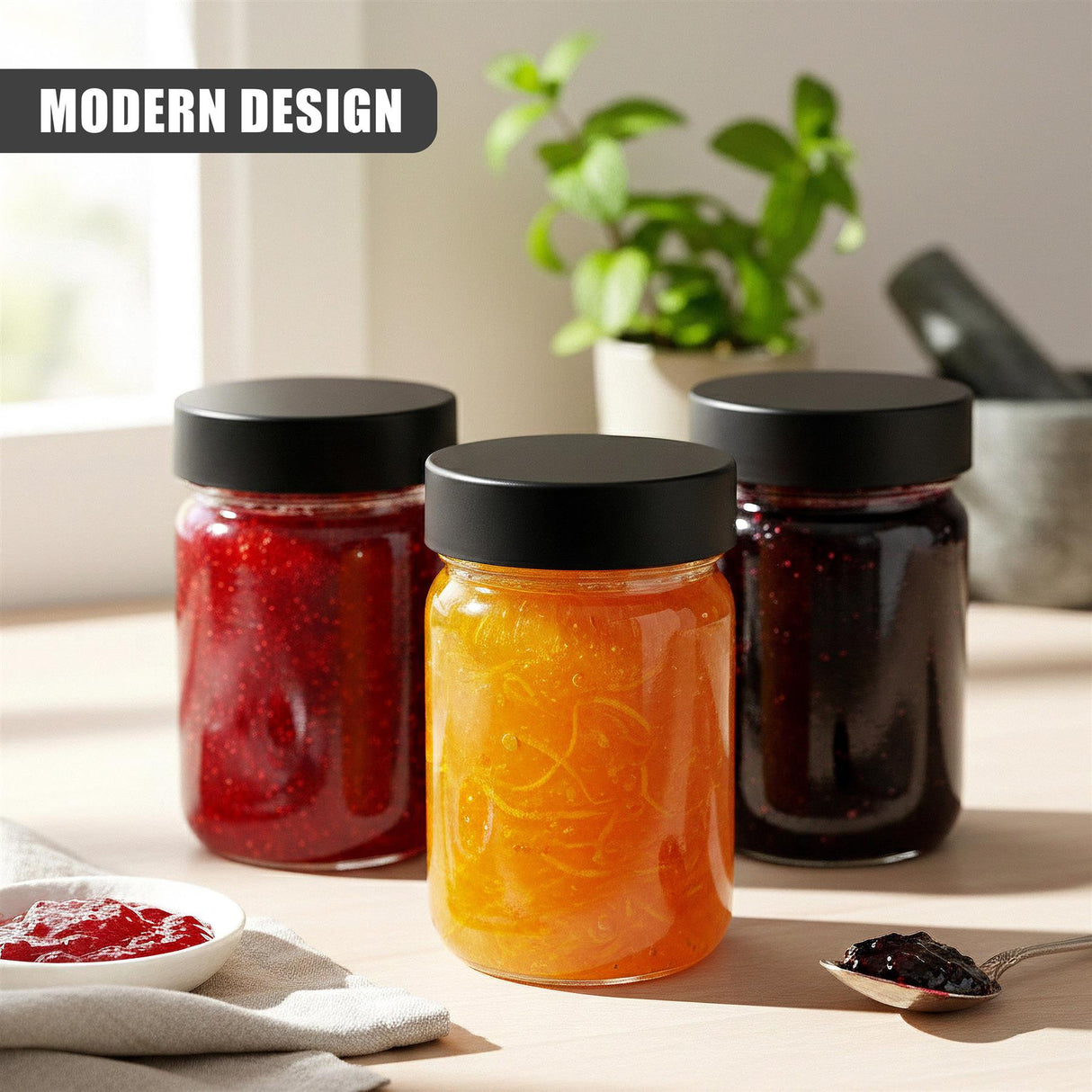 Glass spice jars filled with red, orange, and brown spices sit on a counter with foliage in the background.