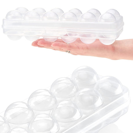 The image shows a transparent egg holder containing 12 eggs with a lid, placed in the hand of an individual.