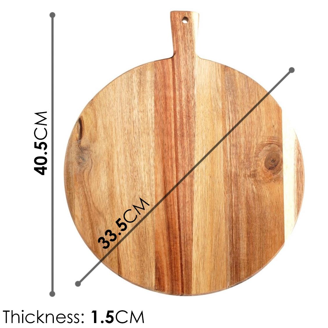 This is a wooden cutting board with an elegant brown color and darker wood accents on the border. The grain of the wood is visible, giving it a natural and textured look. It has a handle on one end for holding or hanging. The board measures 39.5 cm in diameter, with dimensions clearly marked, indicating its size and shape for potential buyers. It appears to be designed for kitchen use, specifically for cutting or serving food. The background is plain white, emphasizing the cutting board as the … - UKBuyZone