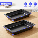 Set of two dark roasting tins, each measuring 41 cm by 26.5 cm, placed on a wooden surface.