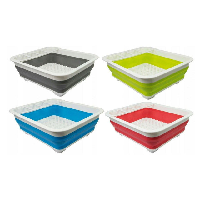 Four modular dish drainers are shown in slate gray, lime green, blue, and red colors.