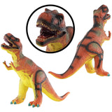 Three foam T-Rex dinosaur toys arranged in a group on a pure white surface.