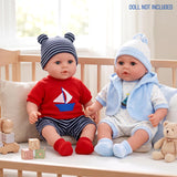 Two dolls wear matching outfits; one features red and blue; the second wears light blue.