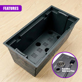 Black rectangular planter box on wood shows internal drainage holes and an overflow plug detail.