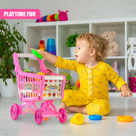 Pink Shopping Trolley Cart Play Food Set by The Magic Toy Shop - UKBuyZone