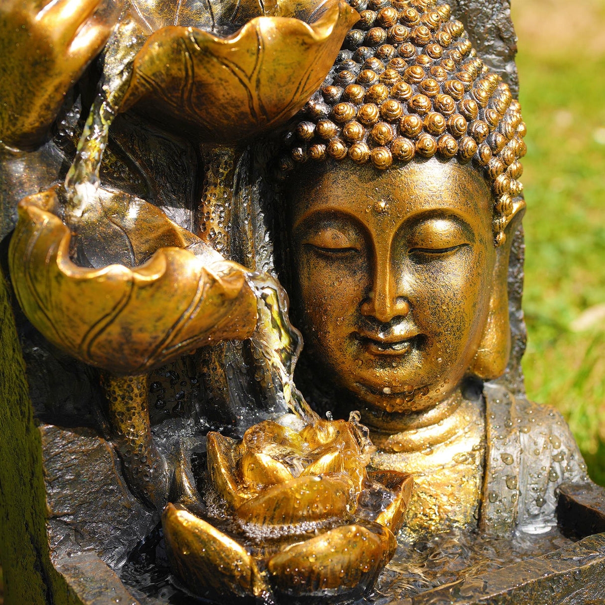 Buddha Head Solar Water Feature Outdoor With LED by GEEZY - UKBuyZone