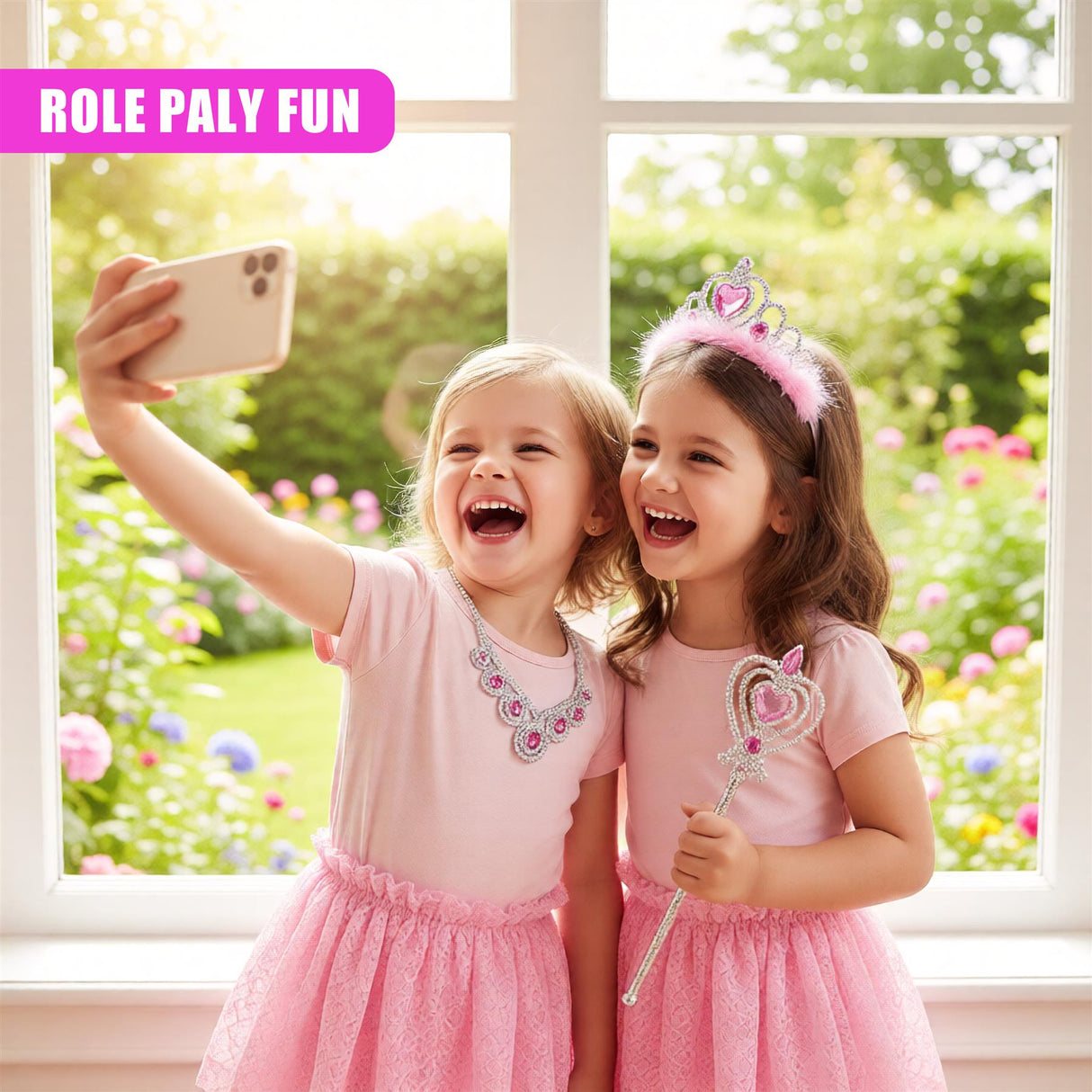 "Accessory-ready little princess costume set for girls, includes tiaras and wands, dresses pink and white." - UKBuyZone