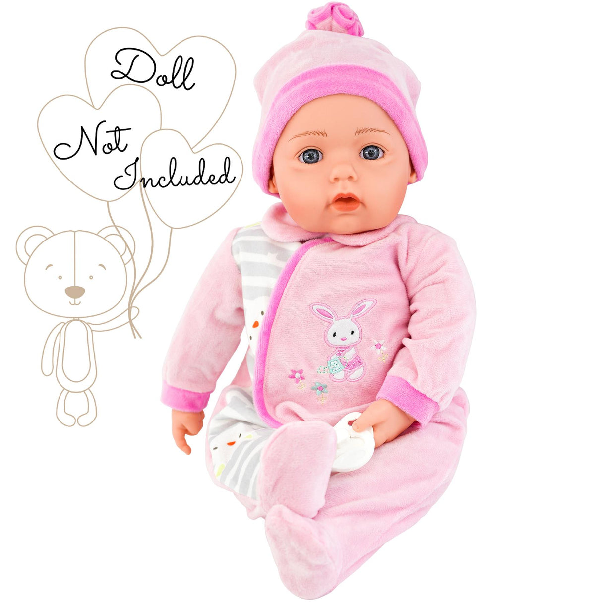 A baby doll model is wearing a pink hooded onesie outfit and matching cap.