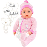 A baby doll model is wearing a pink hooded onesie outfit and matching cap.