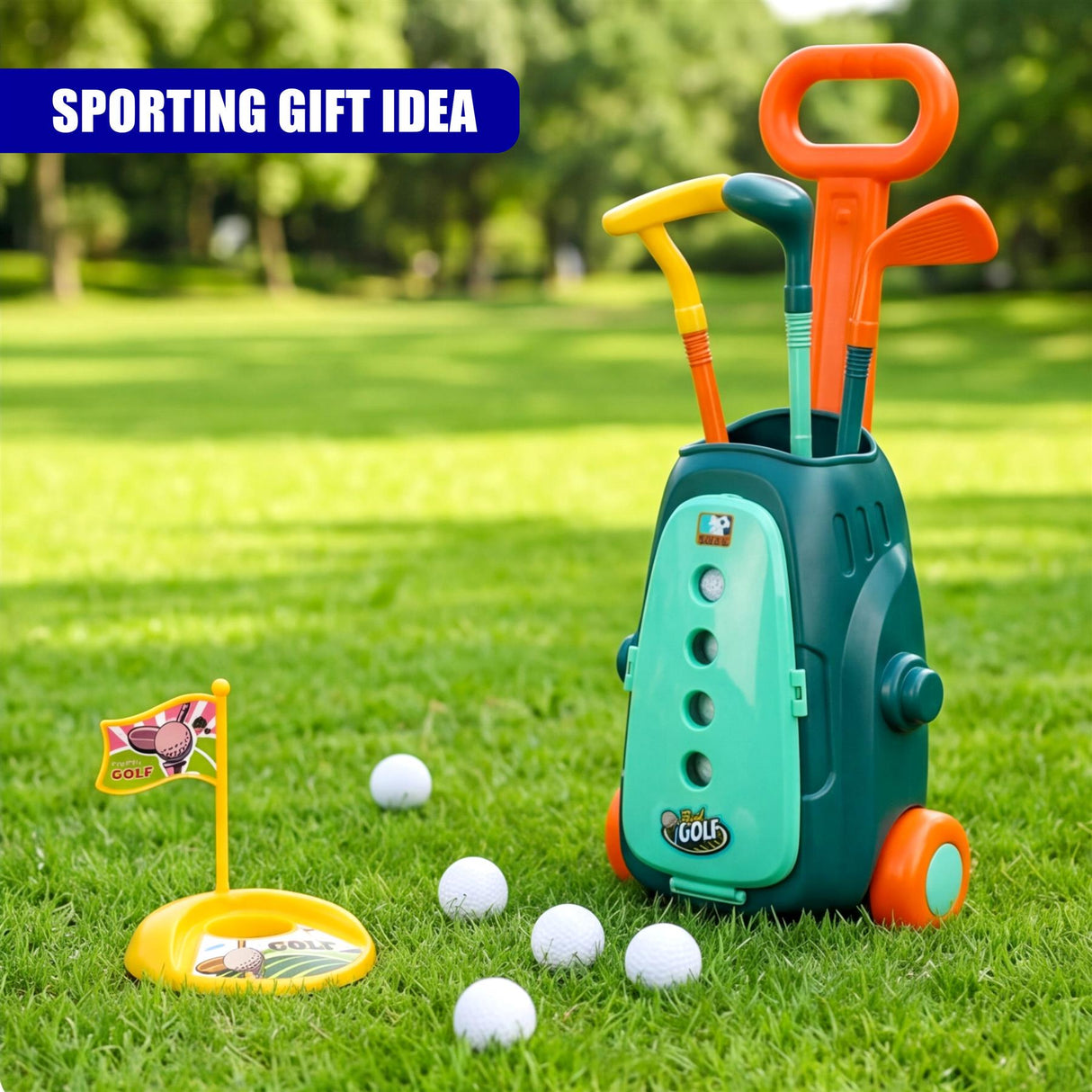 Golf clubs stored in a green cart are displayed with a tee and several white balls on grass.