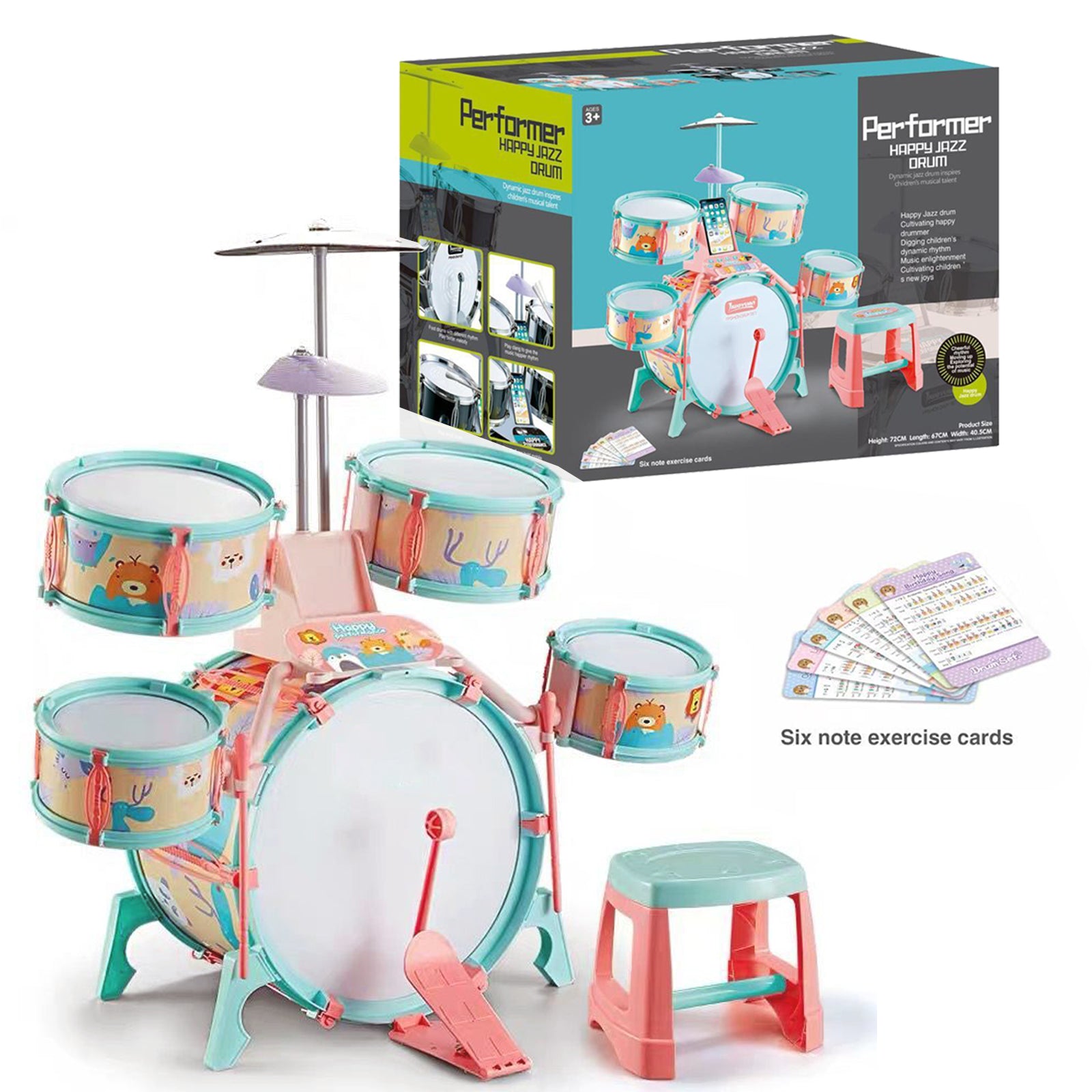 Pink and Green Multi functional Kids Jazz Drum Set by The Magic Toy Shop - UKBuyZone