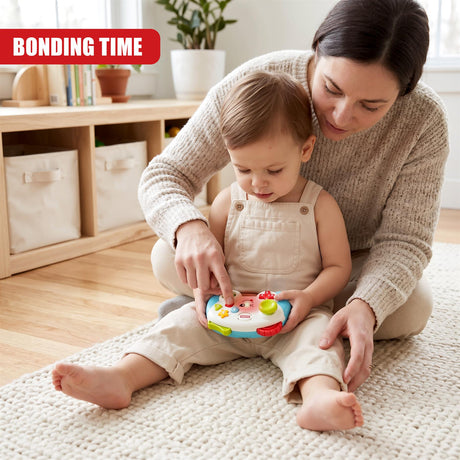 A woman and baby sit on a rug playing with a Game Controller Toy by The Magic Toy Shop