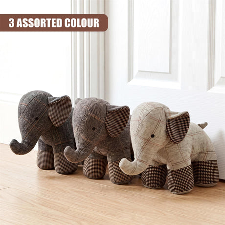 Three novelty door stoppers shaped like elephants, in varying plaid patterns.