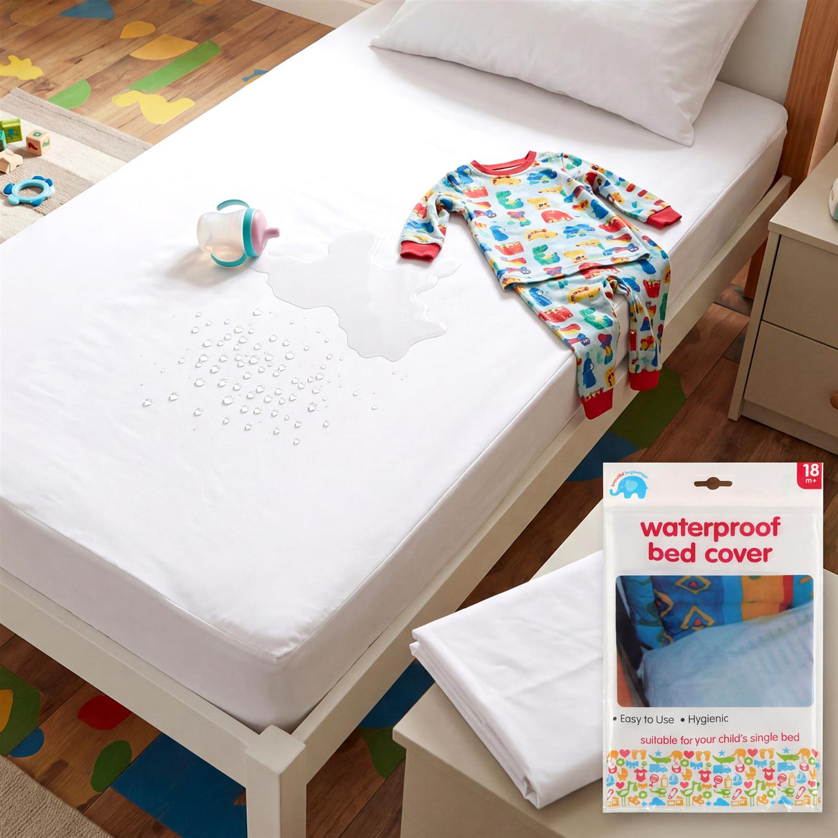 White waterproof bed cover displayed on a single bed near patterned bedding and child toys.