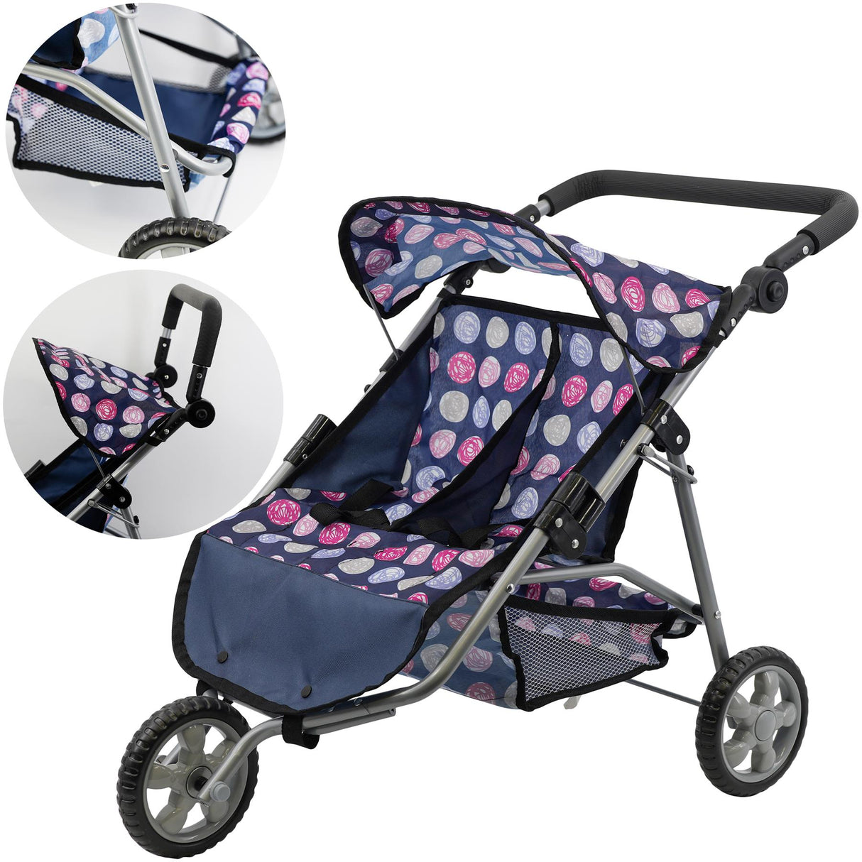 Blue tandem pushchair with patterned fabric seats, metal frame, and large wheels.