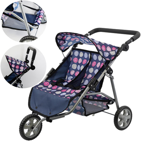 Blue tandem pushchair with patterned fabric seats, metal frame, and large wheels.