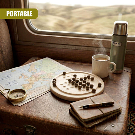 Board game board, map, compass, mug, and thermos sit on a surface by a window view.