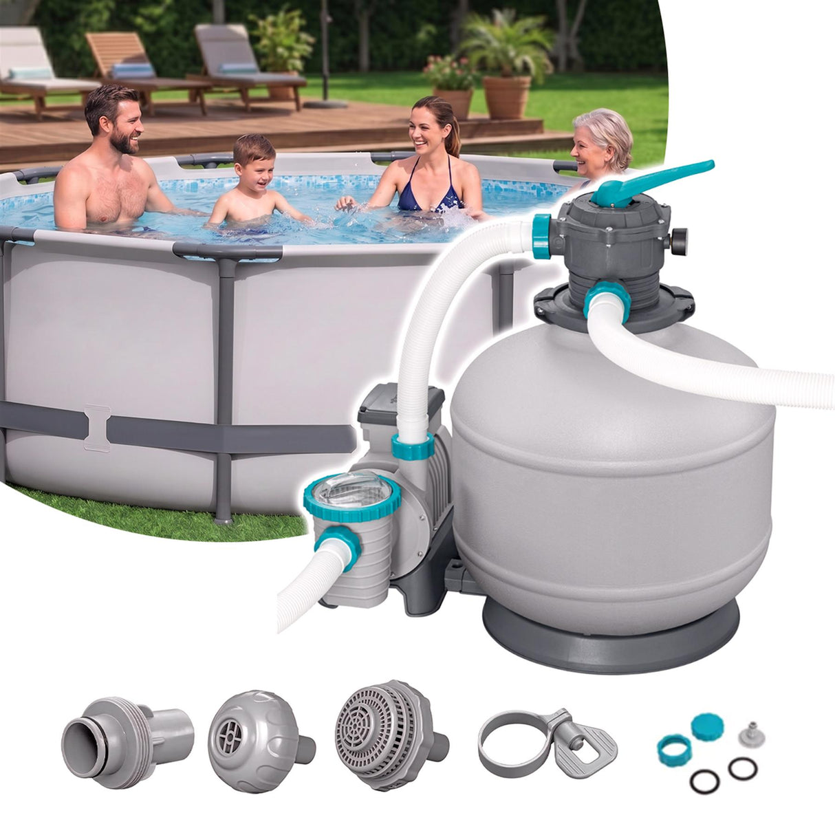 Assembled pool filter system shown with attached piping and various accessory components.