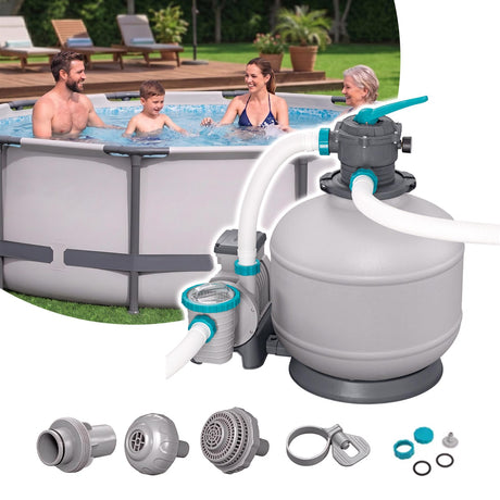 Assembled pool filter system shown with attached piping and various accessory components.