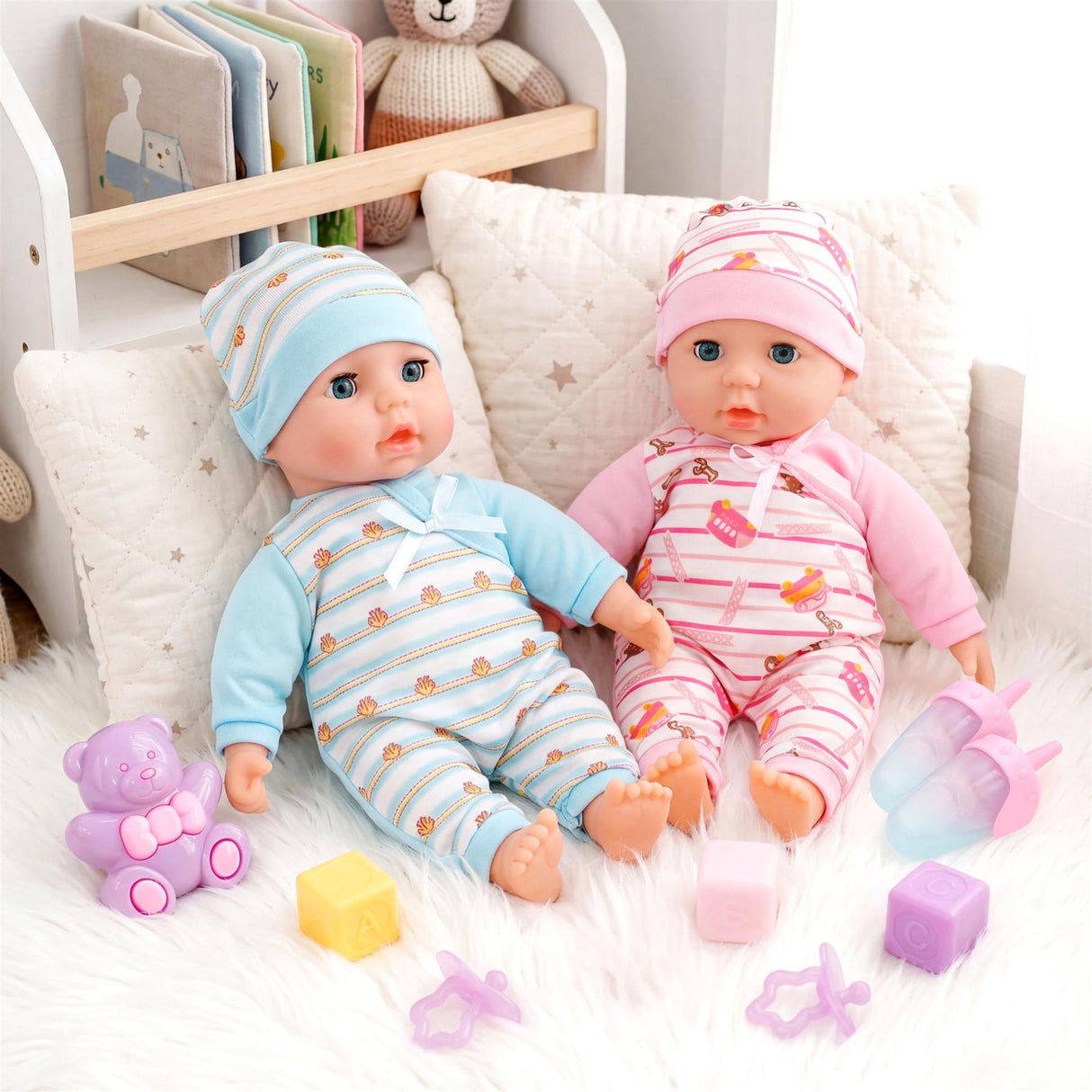 Two doll twins sit with shoes, cubes, plush toy, and various pastel accessories on white fur.
