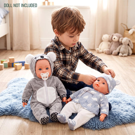 Two dolls wear animal-themed outfits, including polar bear and blue patterned clothing.