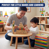 An adult and young child interact with assembled wooden blocks featuring numbers and letters.