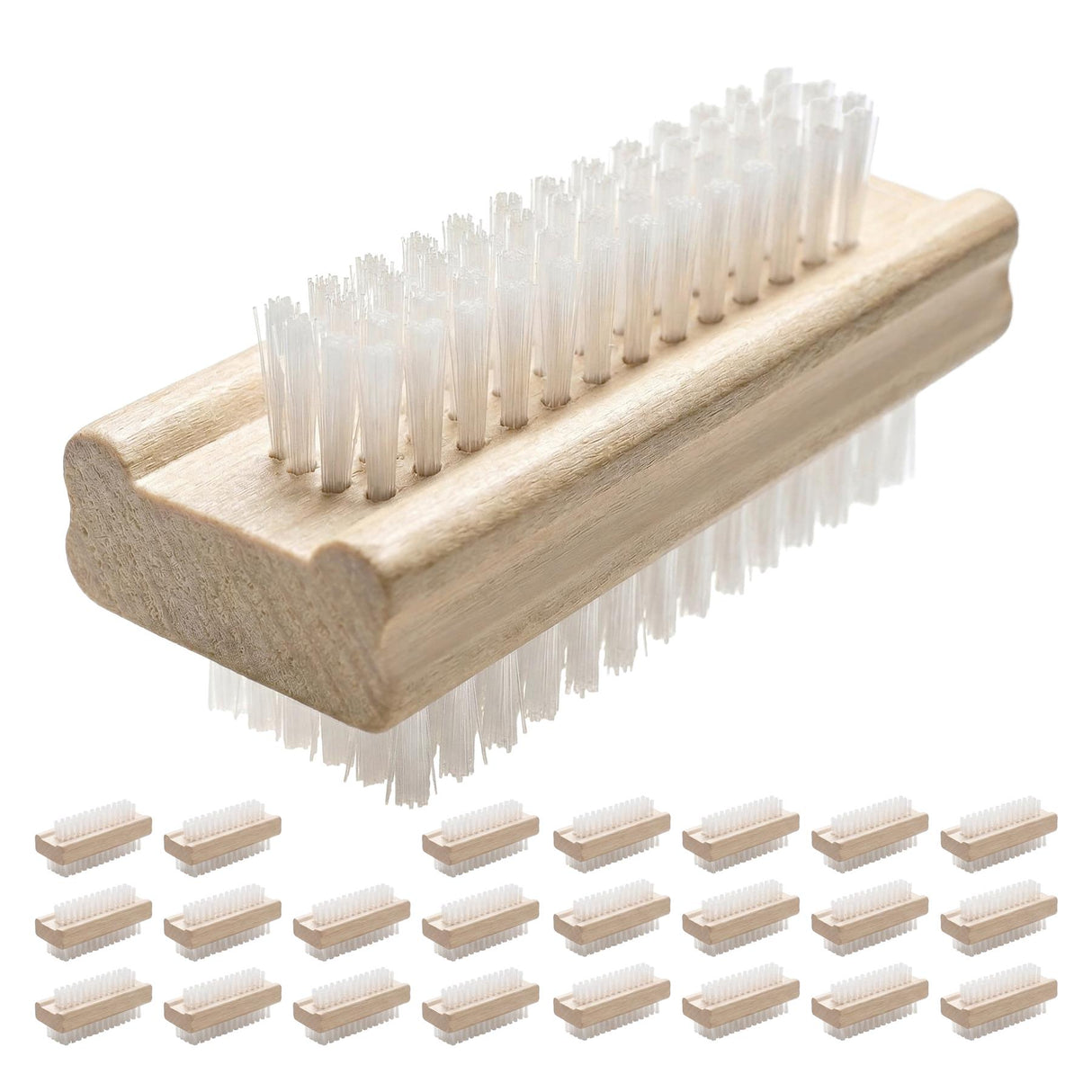A wooden nail scrubbing brush featuring dense white bristles and small rectangular cleaning pieces.