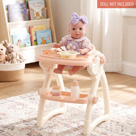 Doll high chair for play features a pink tray, bottles, and accompanying feeding accessories.