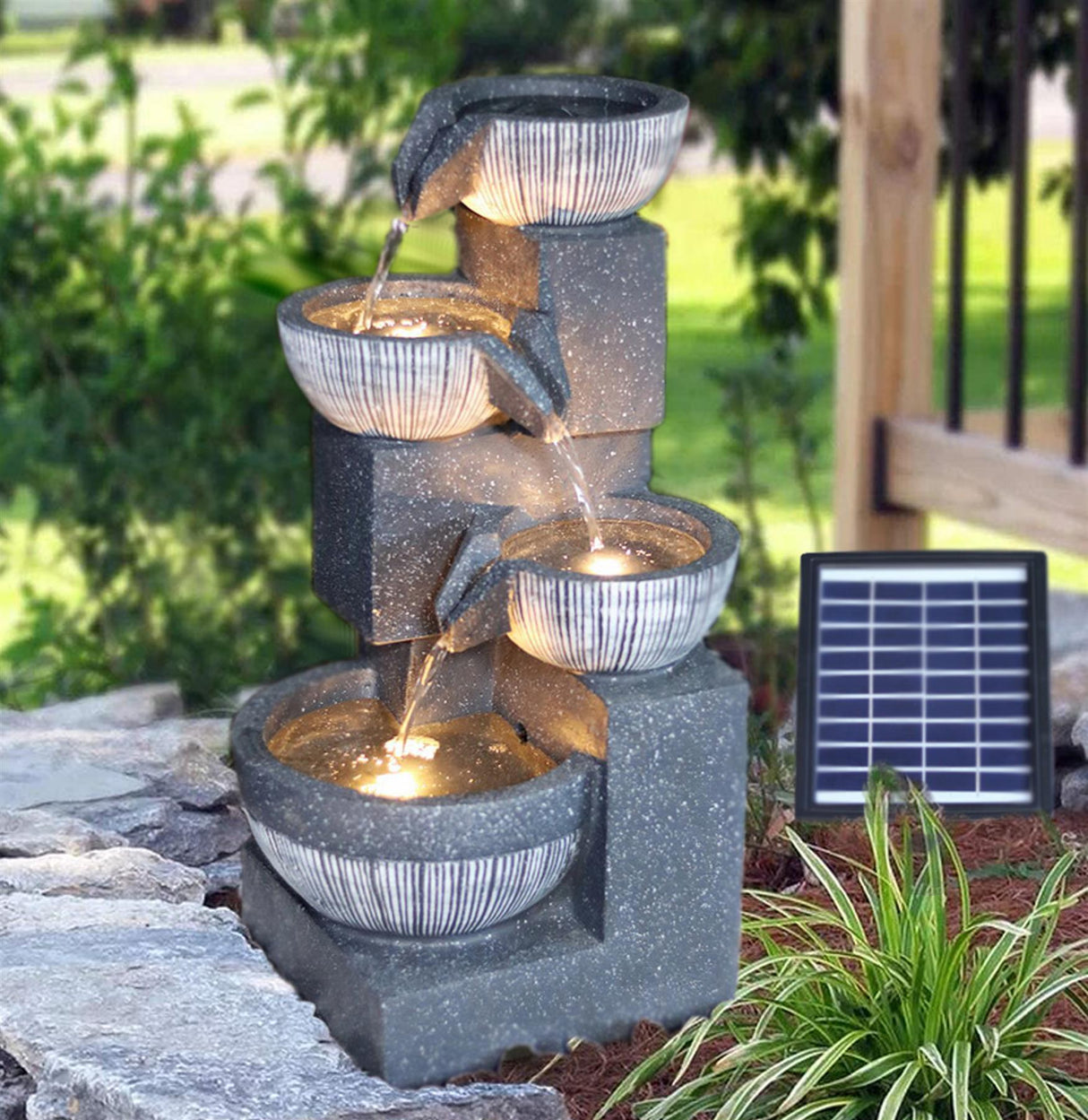 GEEZY 4 Tier Bowl Solar Water Feature Outdoor With LED