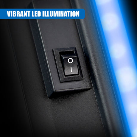 A black floating shelf with a switch for vibrant blue LED illumination