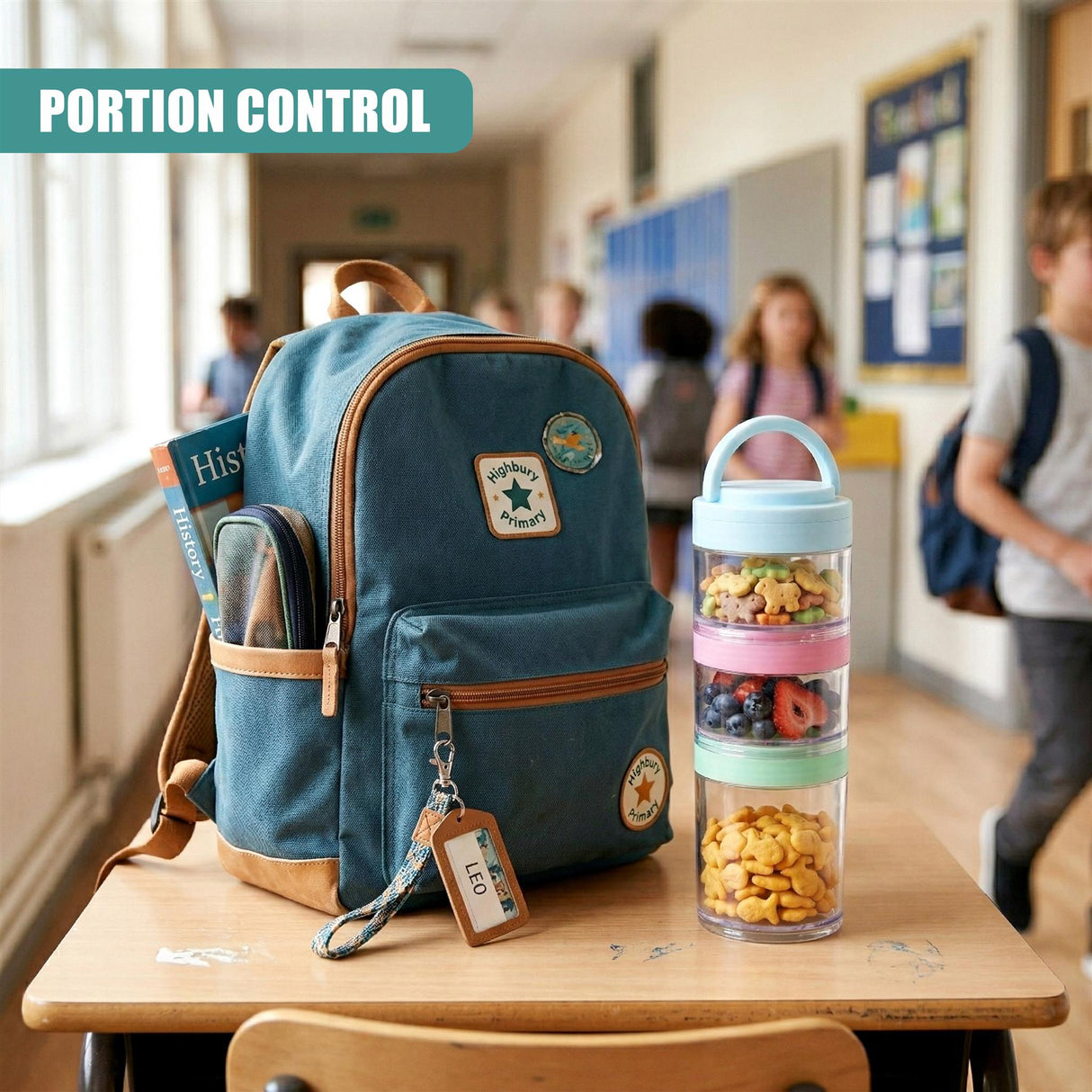 Three clear, stackable containers filled with snacks, topped with a blue cap for portion control.