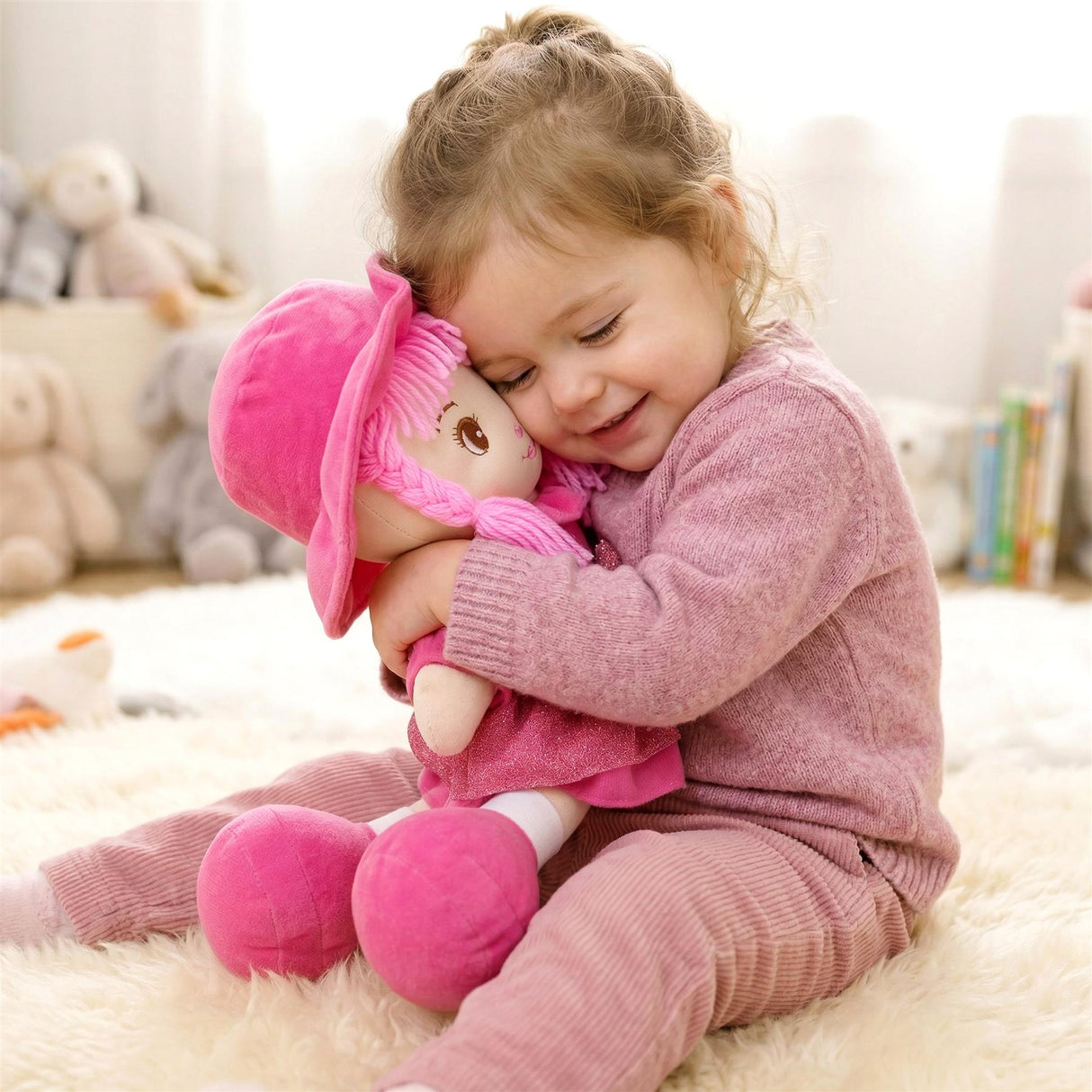 A young girl cradles the pink rag doll, Ruby, sitting on a plush white rug amidst toys.