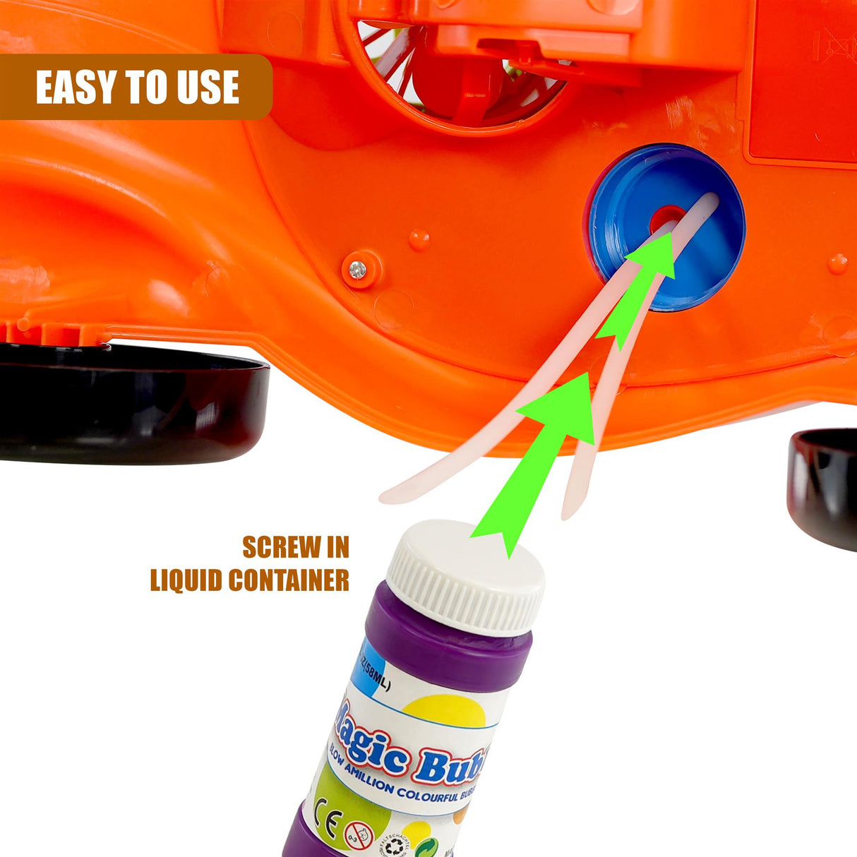 Image shows liquid container being screwed into the orange toy bubble machine.