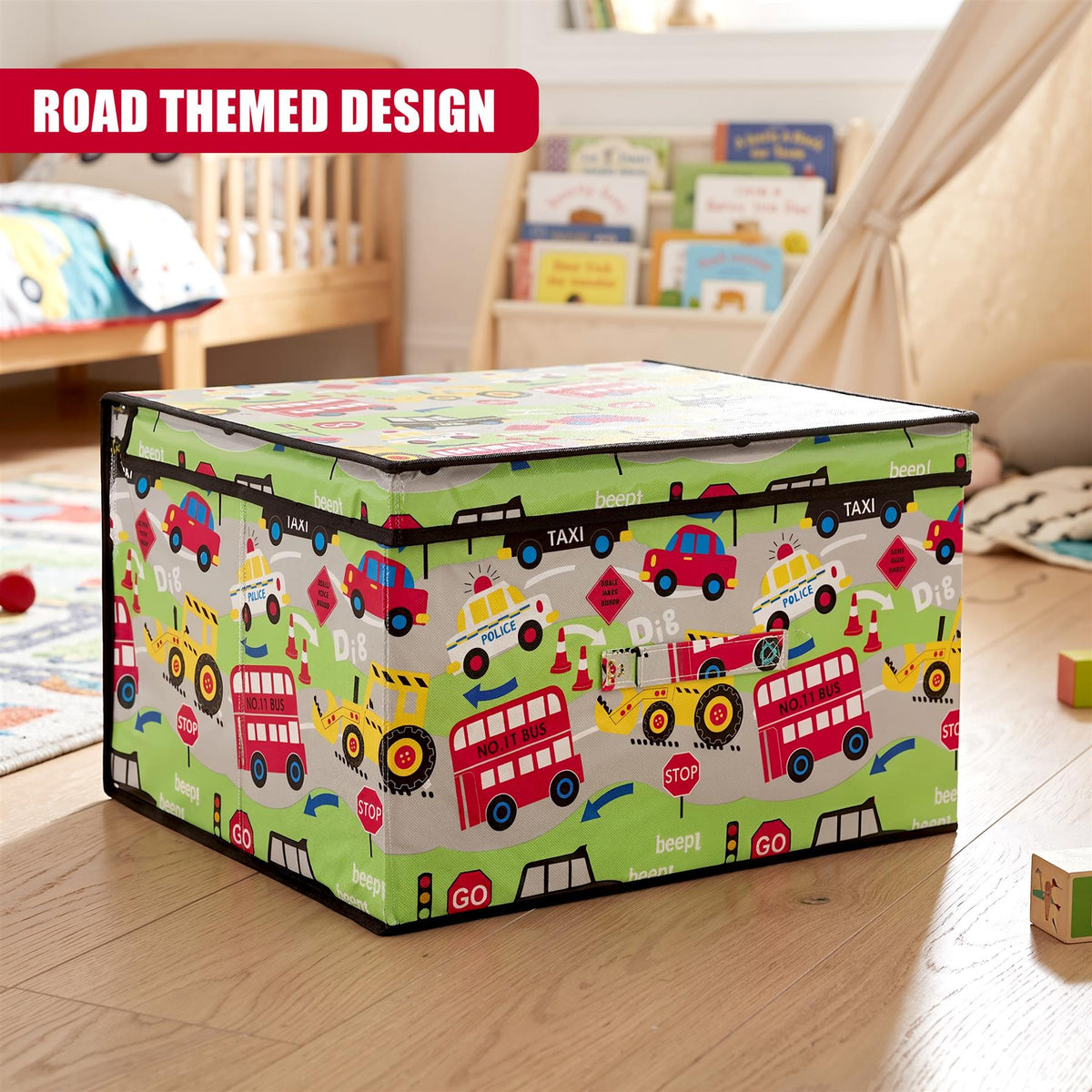 The Magic Toy Shop Road Works Large Storage Box with a road-themed design featuring buses, tractors, signal lights and boards