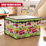 The Magic Toy Shop Road Works Large Storage Box with a road-themed design featuring buses, tractors, signal lights and boards