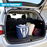 Vehicle trunk shows a blue cooler bag, a large bag, and a smaller accessory bag inside.