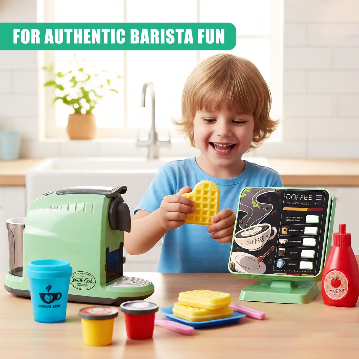 A child plays with a toy coffee machine, adding a waffle to a cup. - UKBuyZone