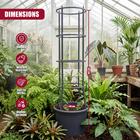 Black, four-tiered metal pot stand holding planters in a greenhouse environment.