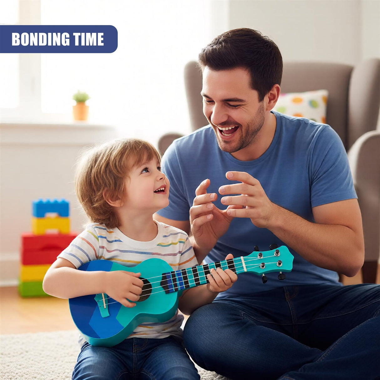 A young child plays a bright blue ukulele while sitting on the floor with a smiling adult, who is also playing a similar instrument. - UKBuyZone