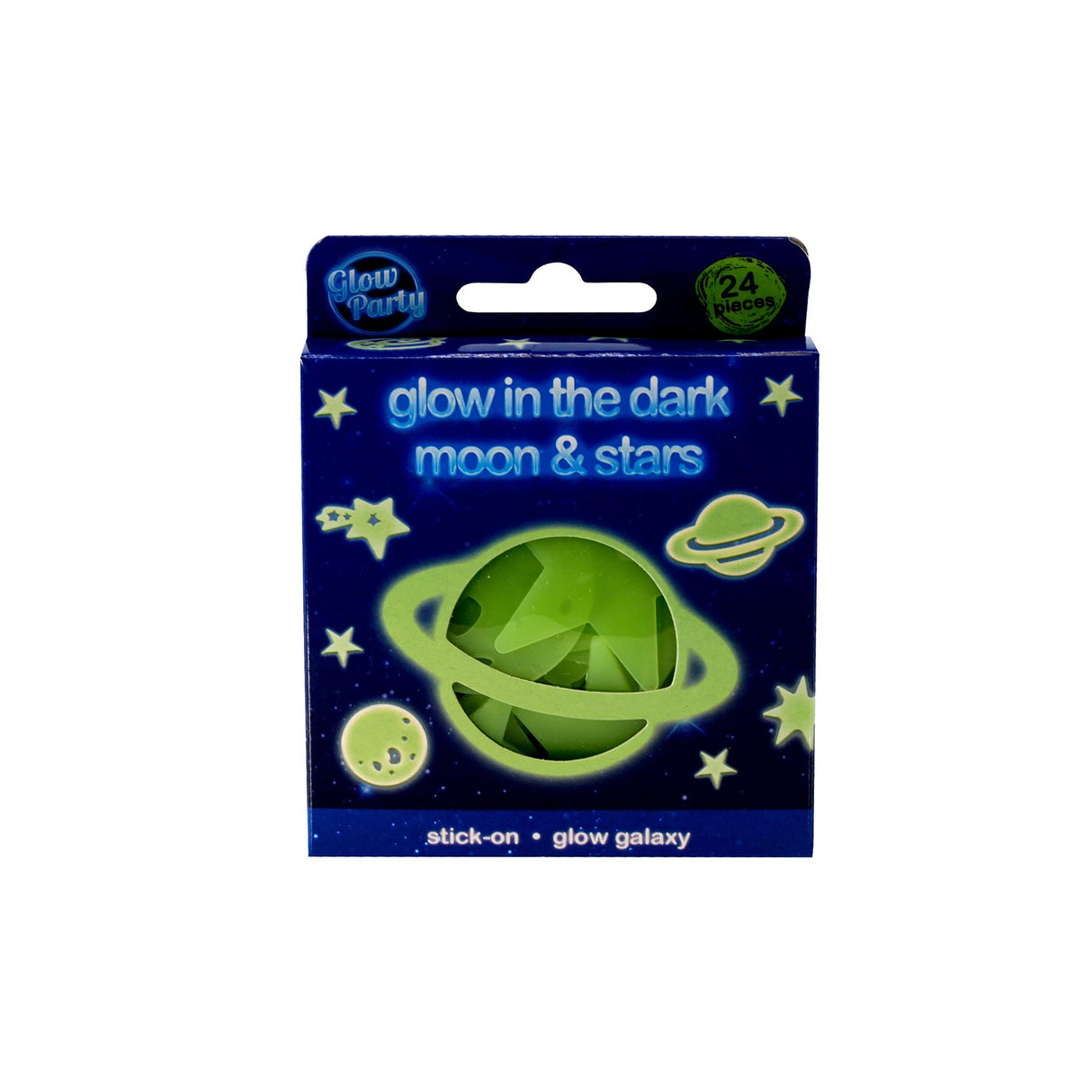 A box of glow-in-the-dark stickers featuring a planet, stars, and a moon. - UKBuyZone