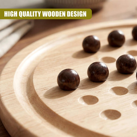Wooden board game with recessed holes and several wooden game pieces.
