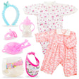 Doll accessories set featuring a tiara, feeder toys, floral apparel, and various pieces of patterned pink clothing.
