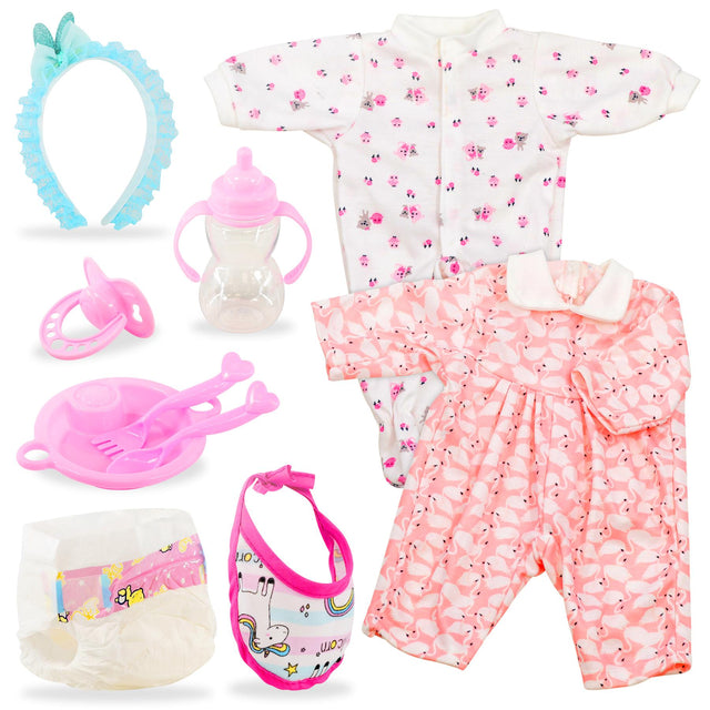 Doll accessories set featuring a tiara, feeder toys, floral apparel, and various pieces of patterned pink clothing.