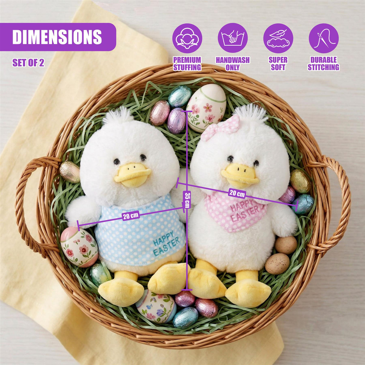 A set of two white stuffed chicks sit among colored and speckled eggs in a woven nest.