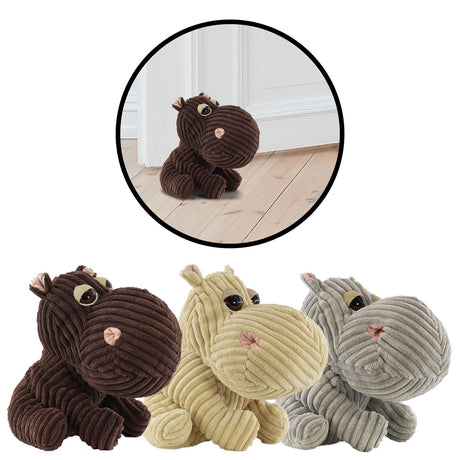 Three ribbed fabric hippo door stoppers in brown, cream and grey shown on a white background