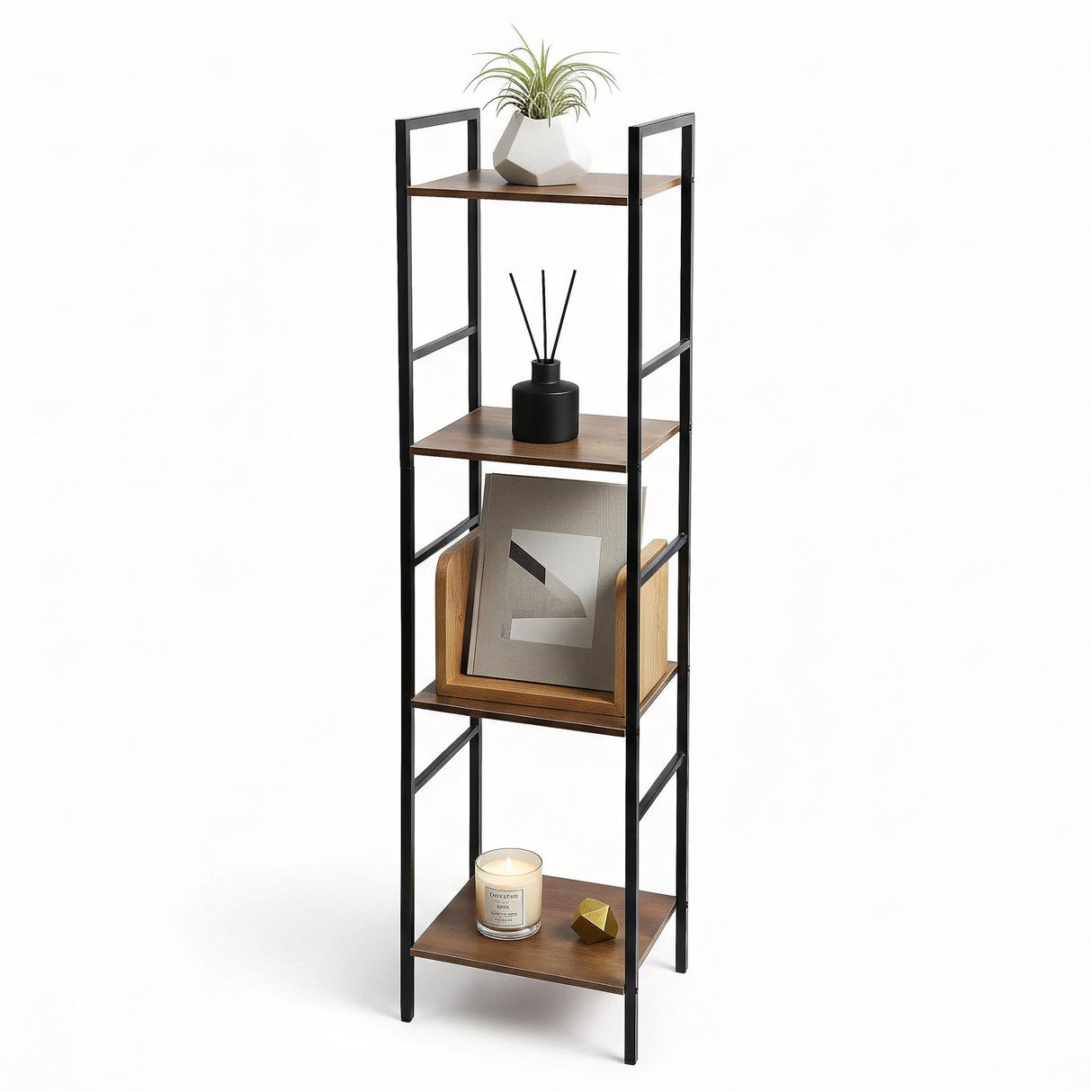 Four-tiered black metal shelving unit with wood shelves holding decorative objects, art, and plants.