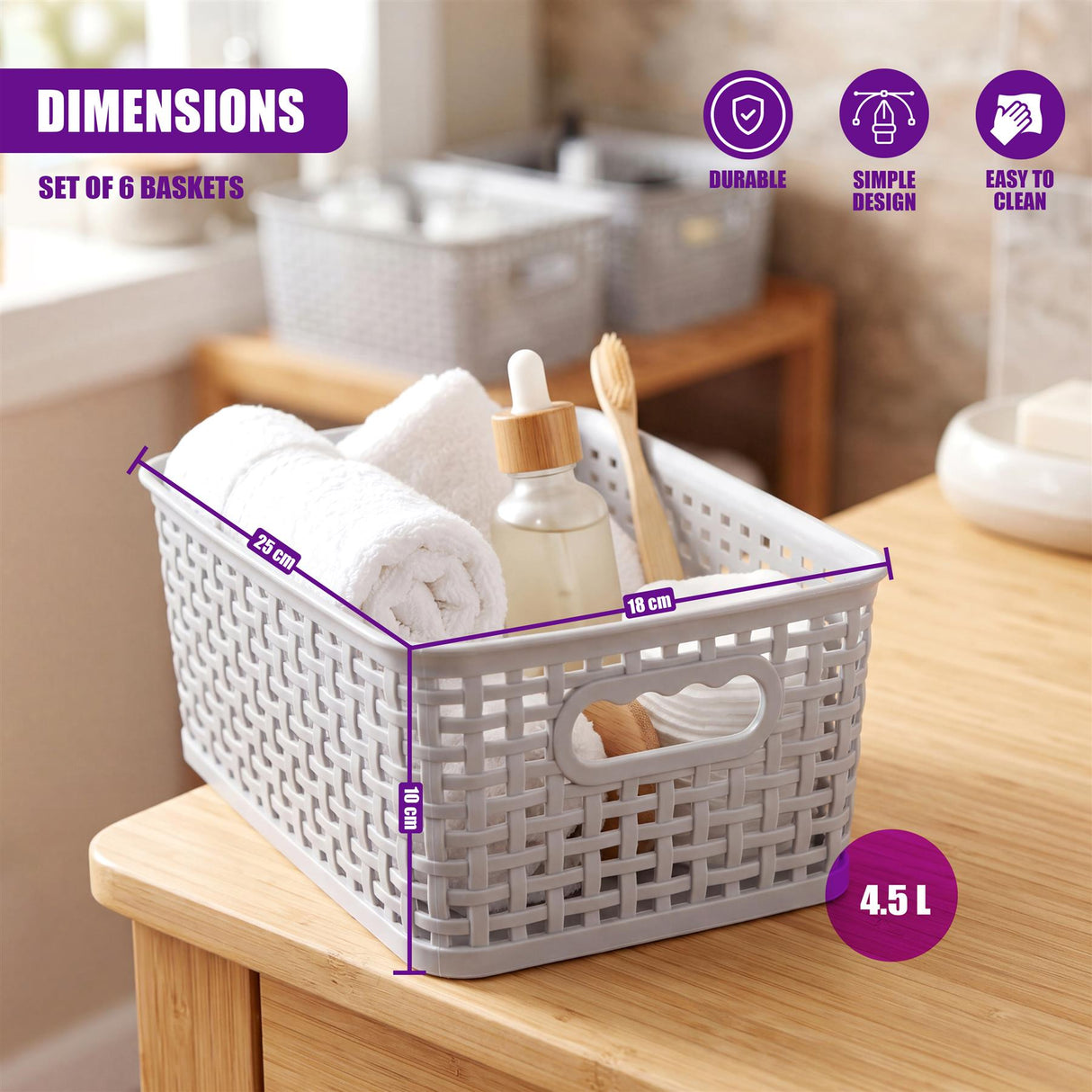 A white storage basket containing folded towels, toiletries, and a wooden brush on a wooden table.