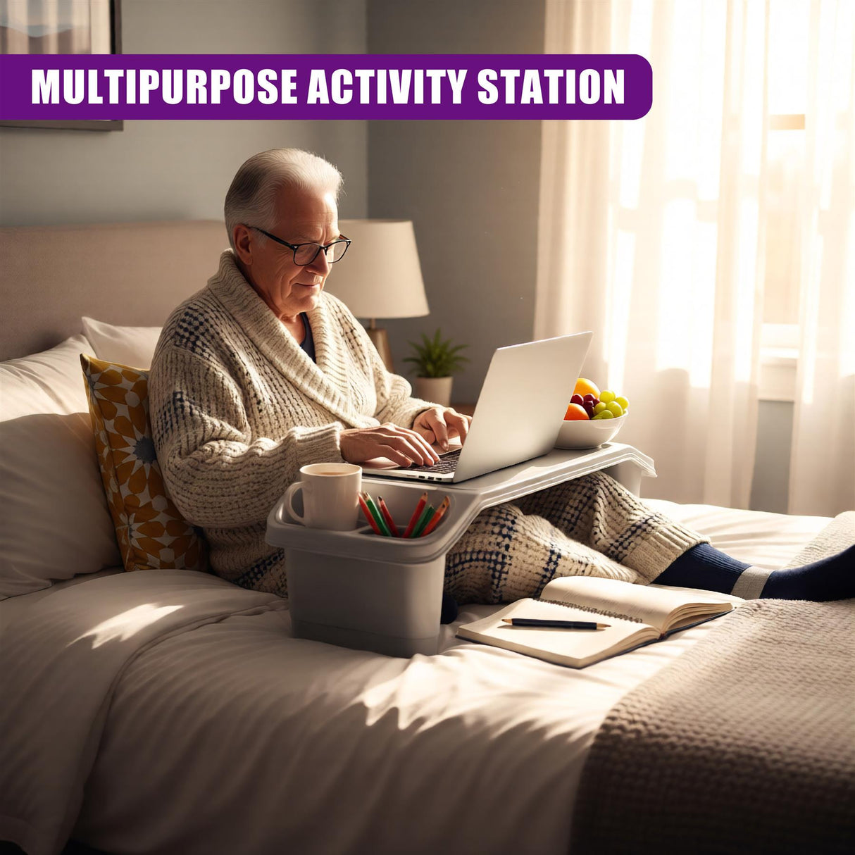 "Multipurpose Bed Tray Table for Storage, featuring a laptop stand, book shelf and cup holder - Perfect for a cozy reading or working nook in bed." - UKBuyZone