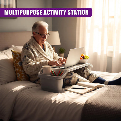 "Multipurpose Bed Tray Table for Storage, featuring a laptop stand, book shelf and cup holder - Perfect for a cozy reading or working nook in bed." - UKBuyZone